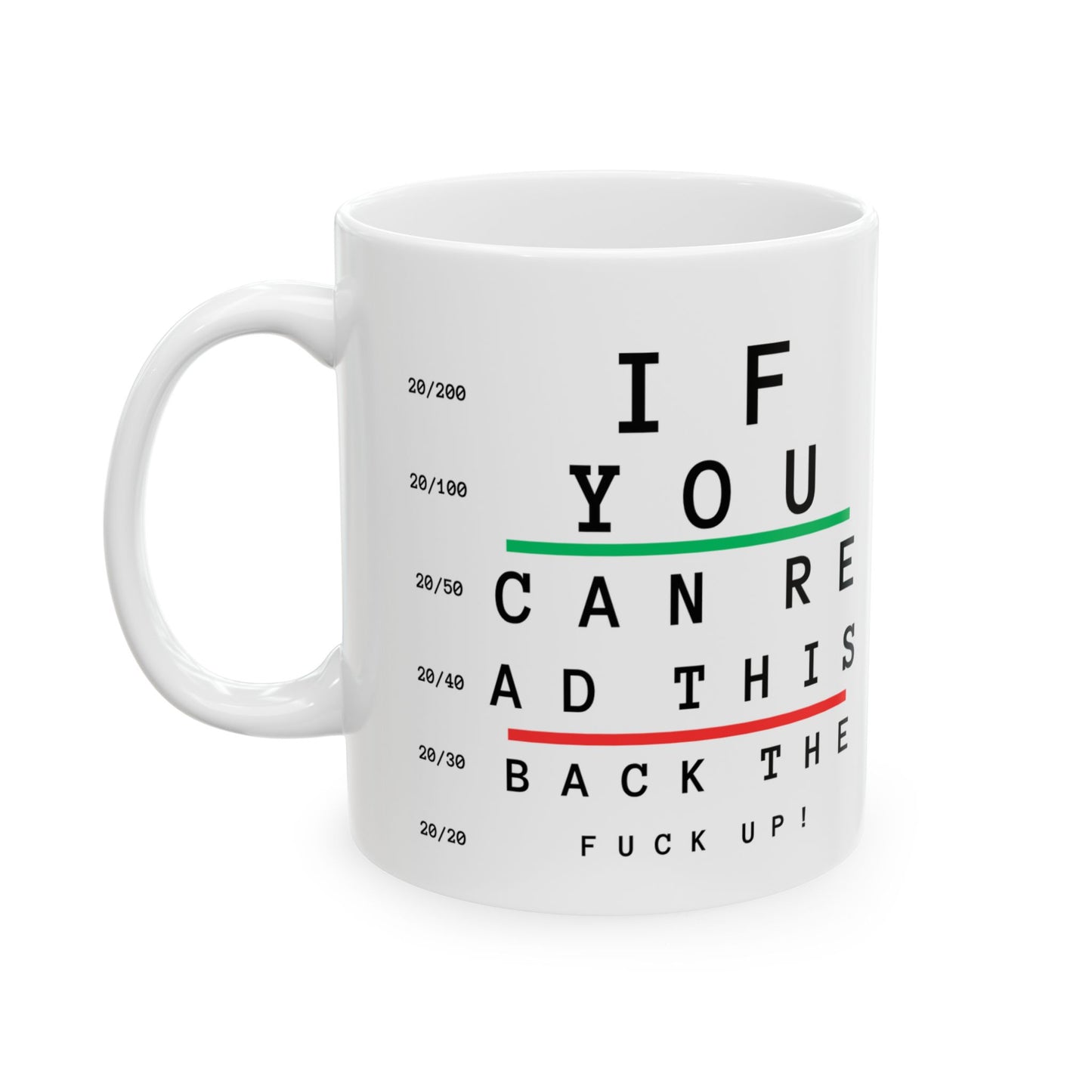 Eye Chart Ceramic Mug – Funny Vision Test Coffee Cup (If You Can Read This, Back Up!)